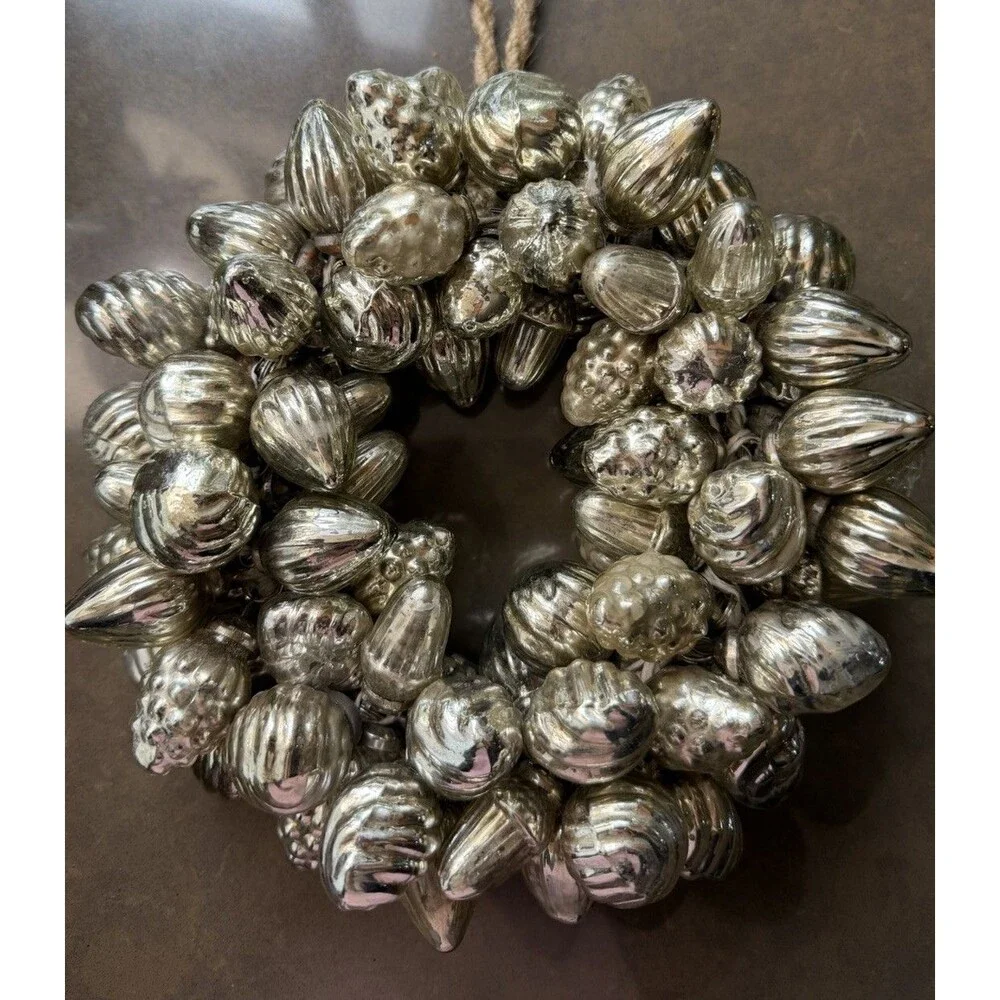 Vtg Style Silver Mercury Glass Rustic Kugel Christmas Cluster Wreath Ornament